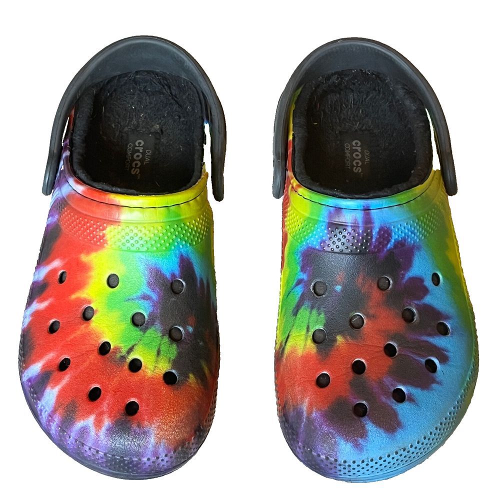 Crocs Classic Lined Clogs Tie Dye Multi Color Black‎ Fuzzy Fur Women Size 6